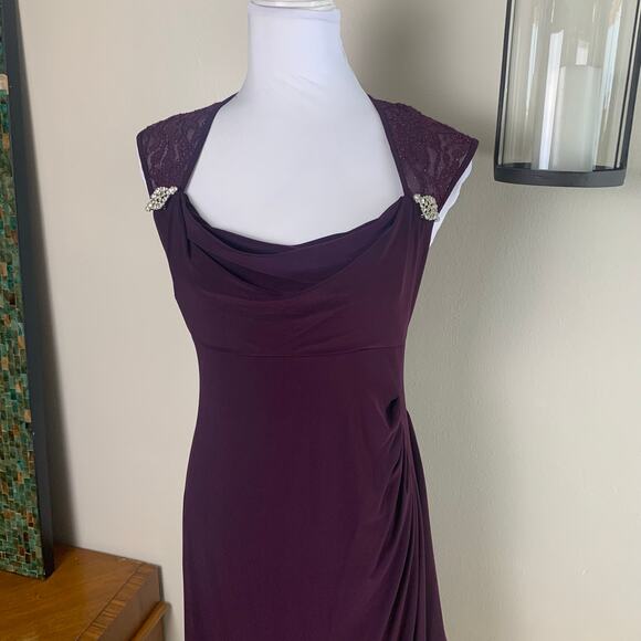 R&M Richards Petite Sz 10P Ruched Bum Long Dress Rhinestone Plum Wine Cocktail - Picture 4 of 16